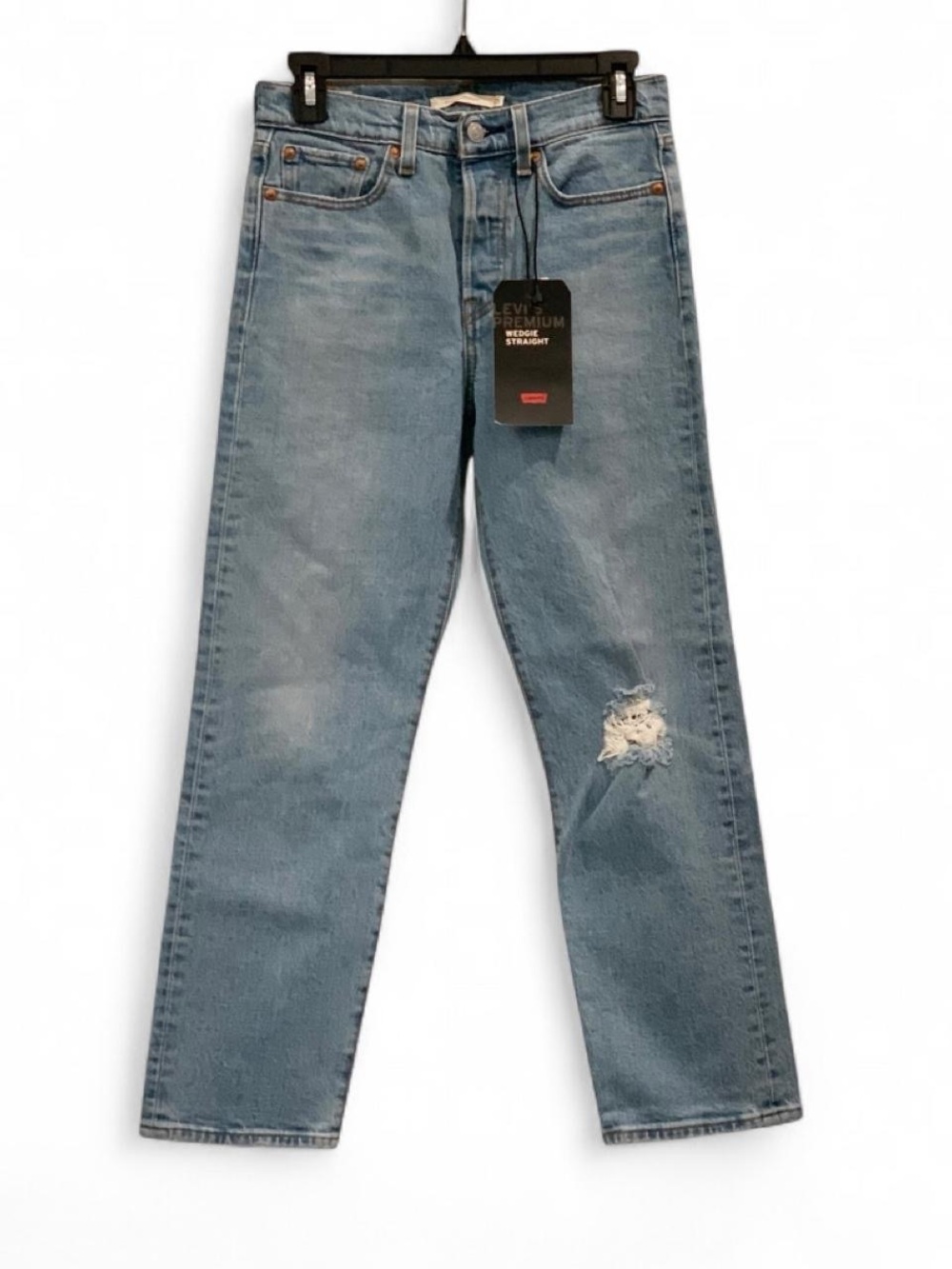 Levi's Premium Women High-Rise Straight Blue Light Wash Distressed Jeans 25‎ NWT